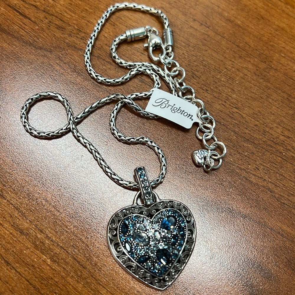Brighton City YOY Heart 💜 Necklace. Blue Crystal.Light silver chain.w/ bag. NWT